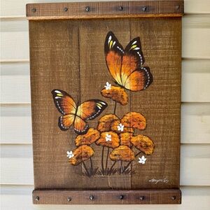 MCM Artist Signed Painted Wood Panel Butterflies & Mushrooms Wall Hanging 70’s
